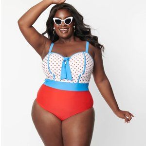 Unique Vintage Nautical Red Pin Dot & Blue Bow Clemente Swimsuit NEW WITH TAGS